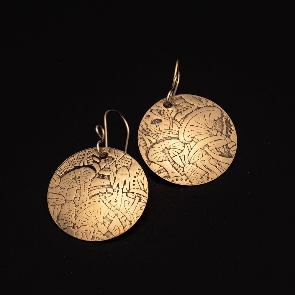 Brass mushroom etched earrings with 14k gold filled ear wires, nature-inspired jewelry