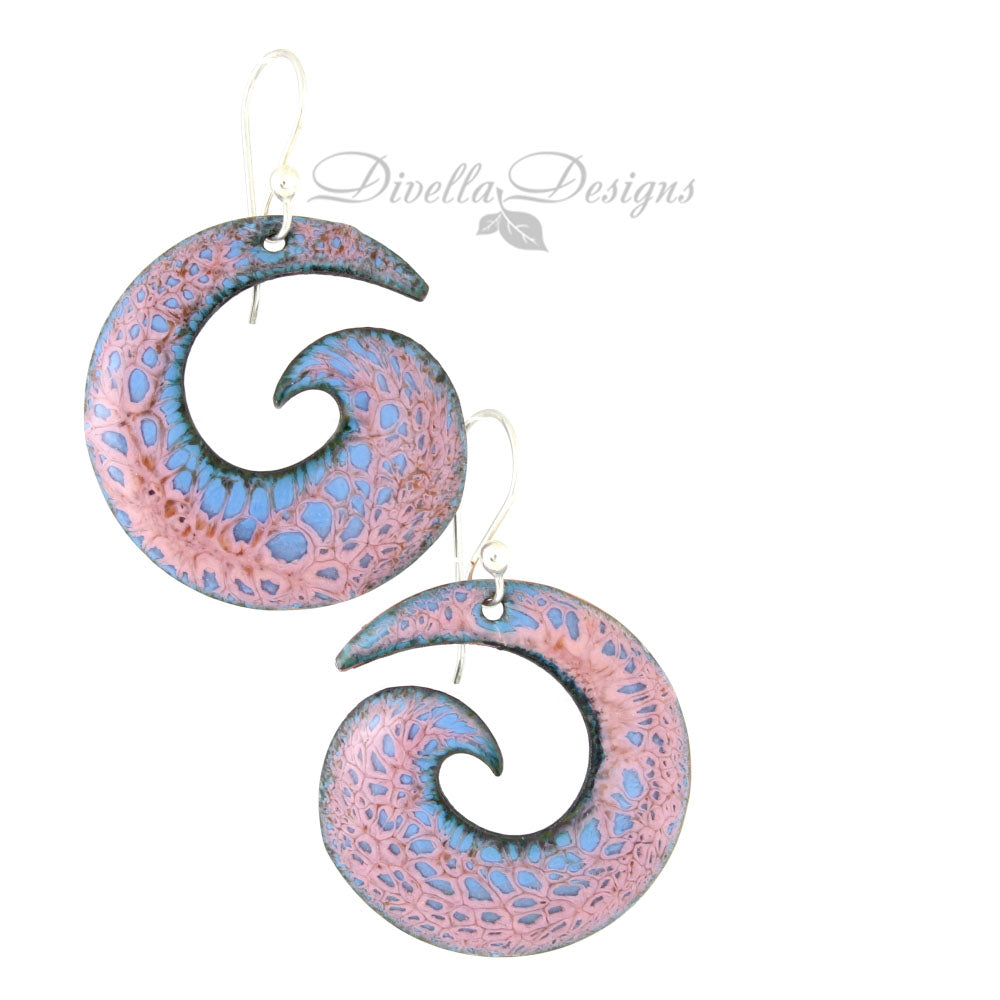 Pink and blue enamel spiral earrings with sterling silver ear wires