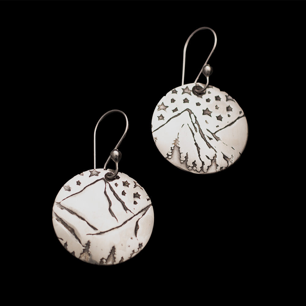 Sterling silver mountain and star scene disc earrings with handmade ear wires.