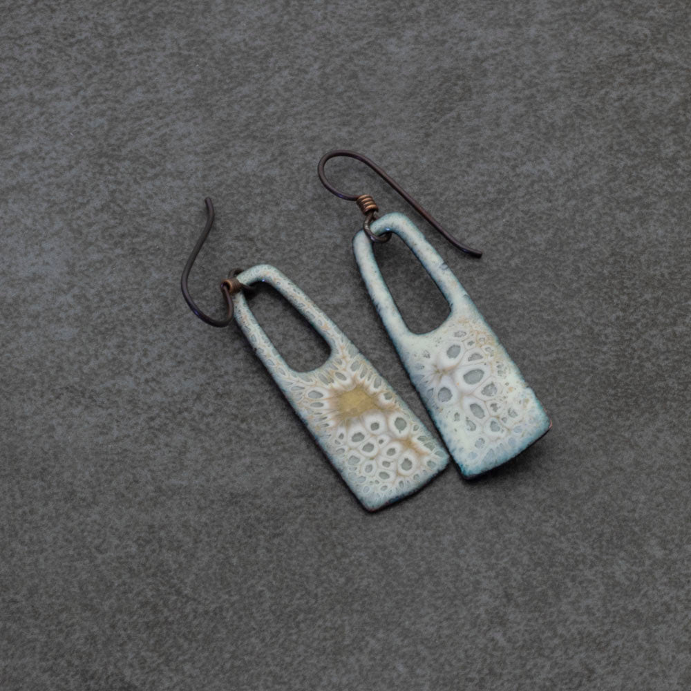 Rectangular enameled copper earrings with cutout detail and niobium ear wires