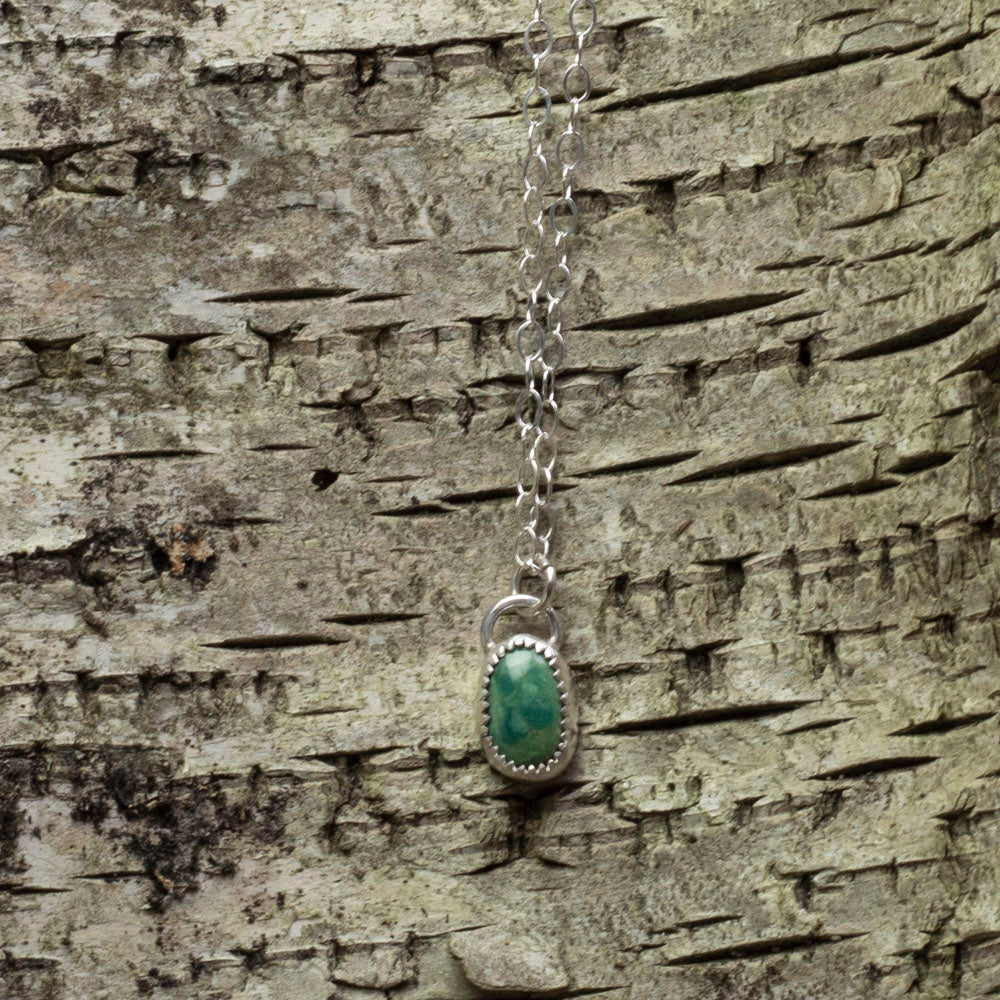 Sterling silver necklace with King’s Manassa turquoise pendant, handmade minimalist jewelry on 18-inch chain