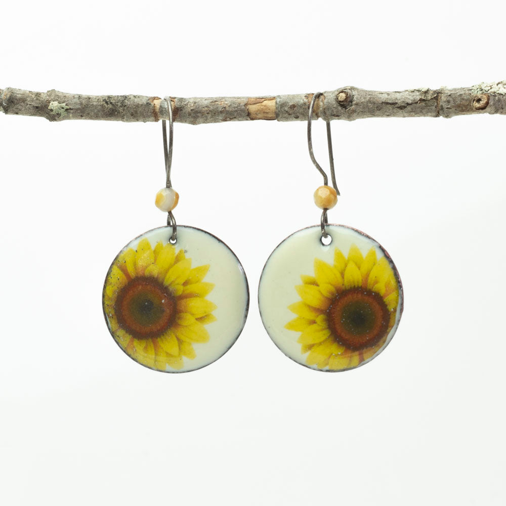 White enamel Earrings with Sunflowers and crazy lace agate and sterling ear wires