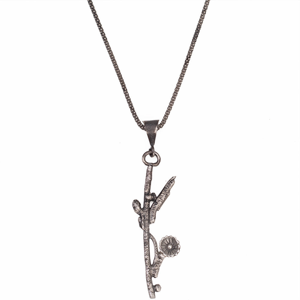 Sterling silver wildflower twig pendant necklace, hand-carved and fused botanical jewelry with oxidized finish.