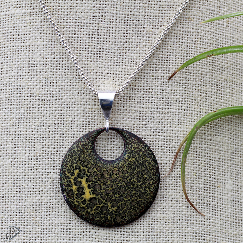 Textured lichen-inspired enamel pendant with sterling silver bail