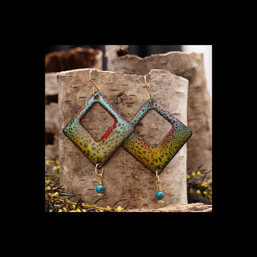  colorful enamel earrings with gemstone drop