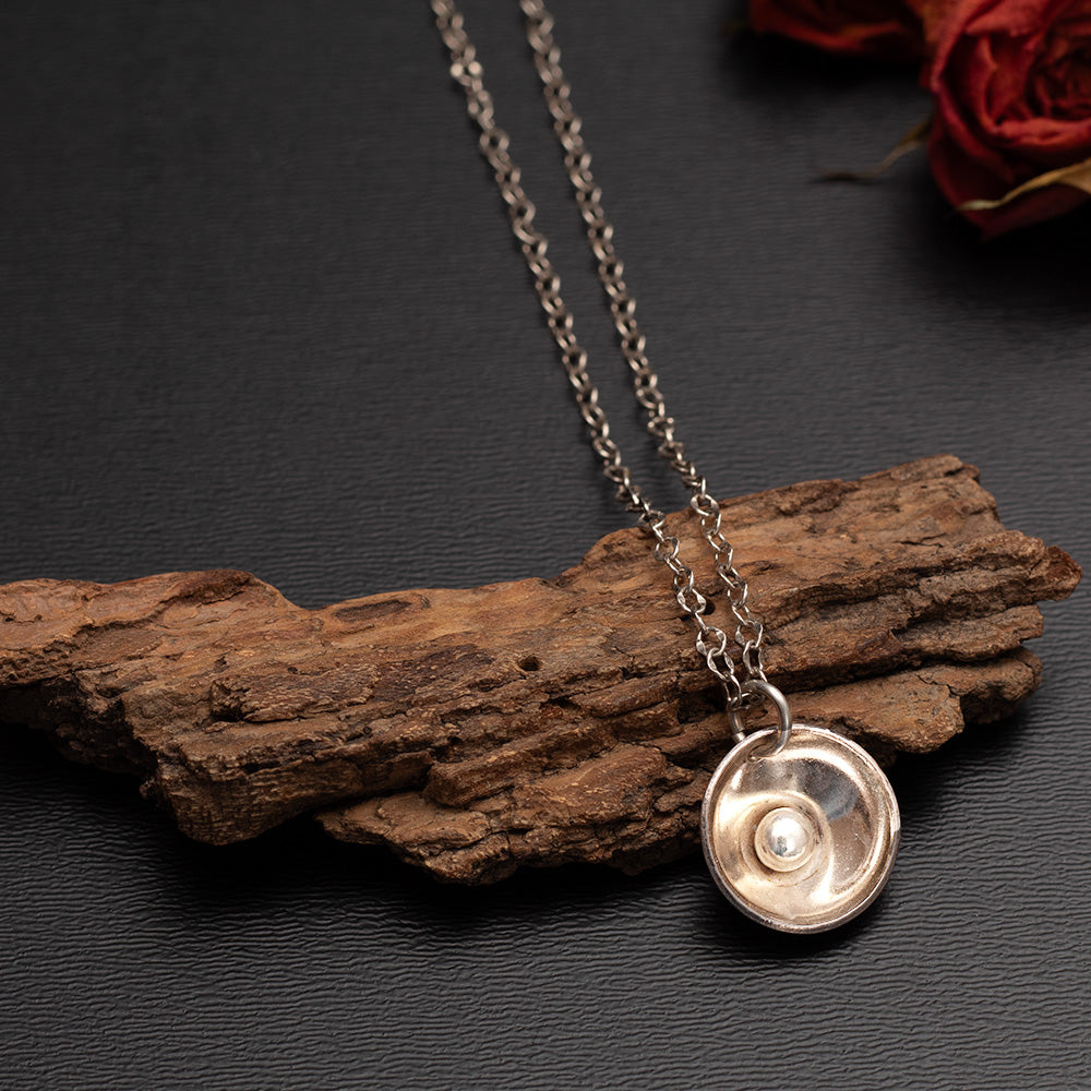 sterling silver bowl necklace with fine silver ball