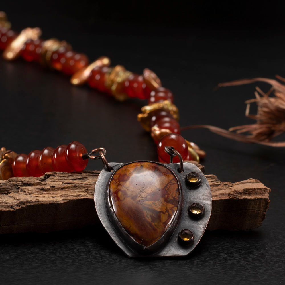 Lavic jasper, carnelian and keshi pearl necklace