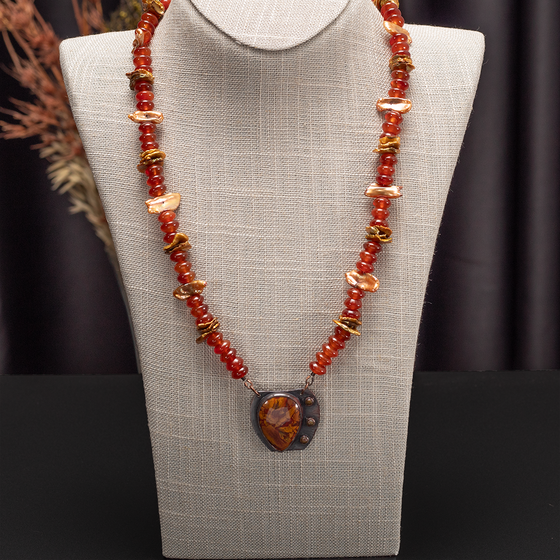Lavic jasper, carnelian and keshi pearl necklace