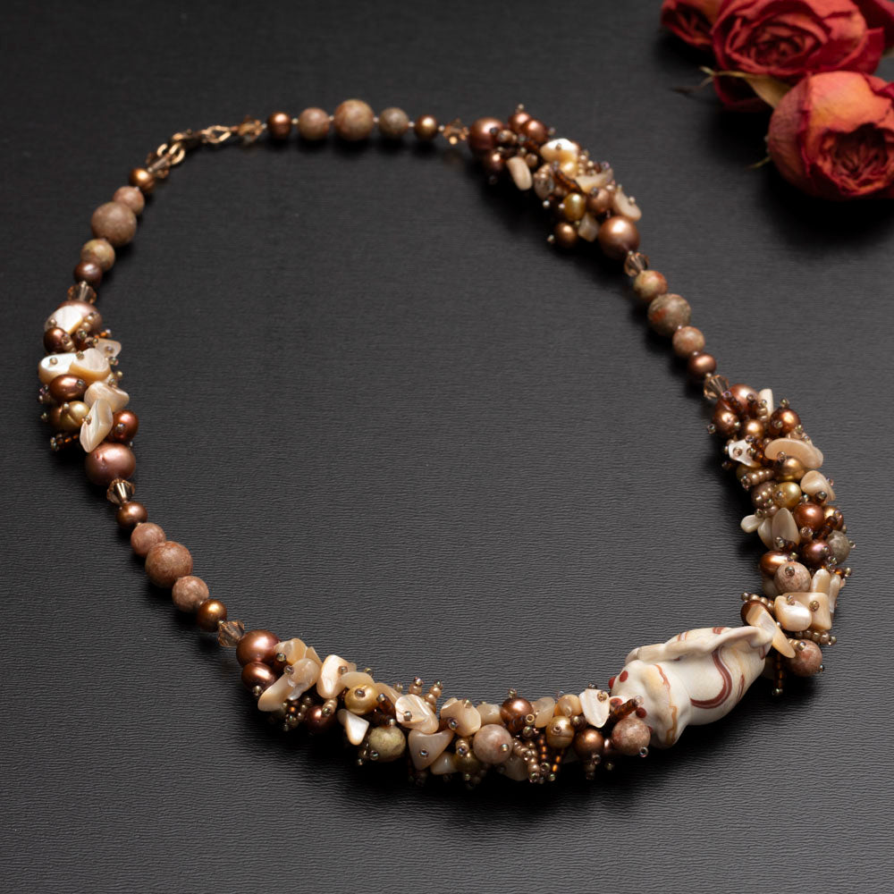 evening shell necklace with lampwork, jasper and pearls