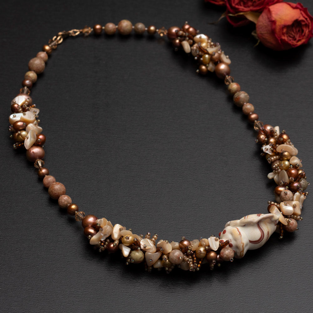 evening shell necklace with lampwork, jasper and pearls