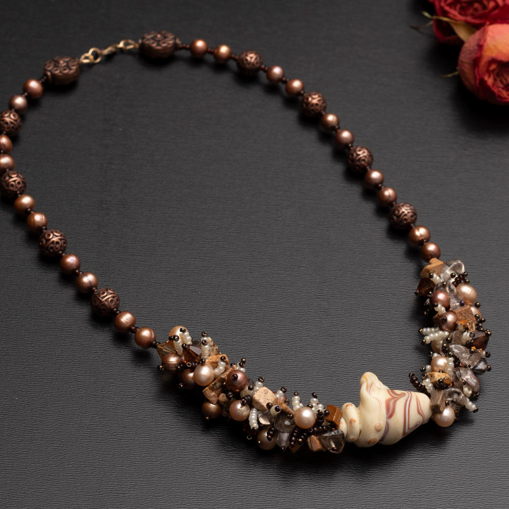 evening shell necklace with lampwork, jasper and pearls