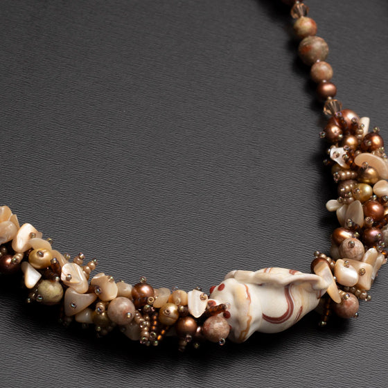 evening shell necklace with lampwork, jasper and pearls