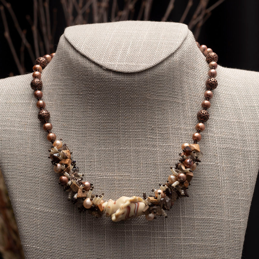 evening shell necklace with lampwork and pearls