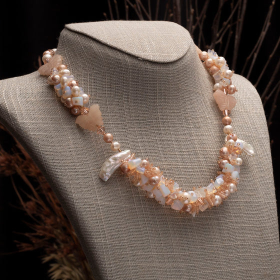 peach moonstone and pearl cluster necklace