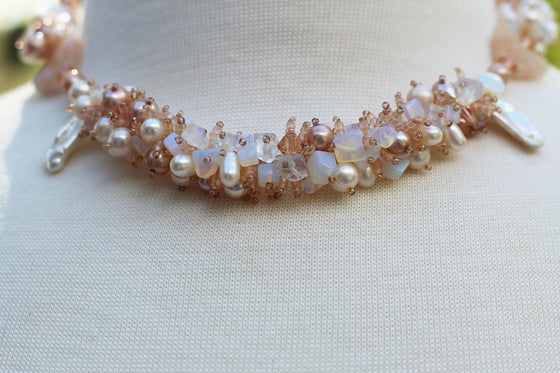 peach moonstone and pearl cluster necklace
