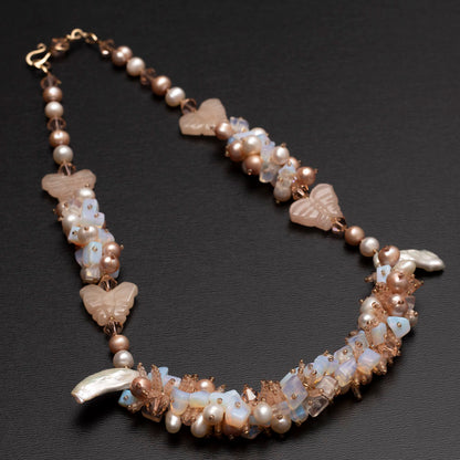 peach moonstone and pearl cluster necklace