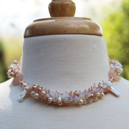 peach moonstone and pearl cluster necklace