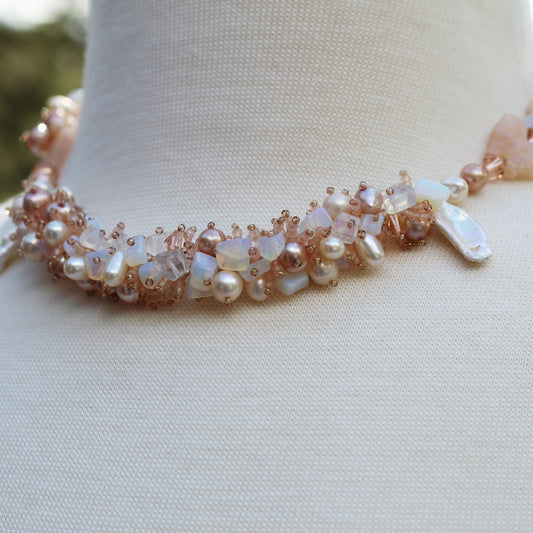 peach moonstone and pearl cluster necklace