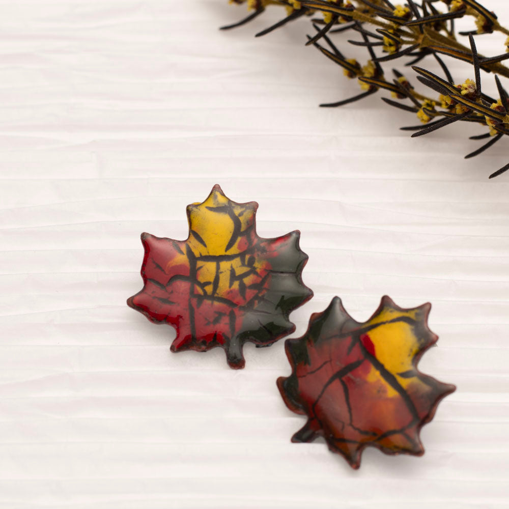 Enameled Copper Maple Leaf Earrings