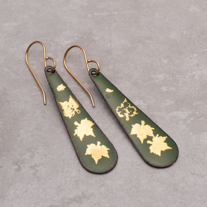 Green Enamel & 24k Gold Maple Leaf Teardrop Earrings