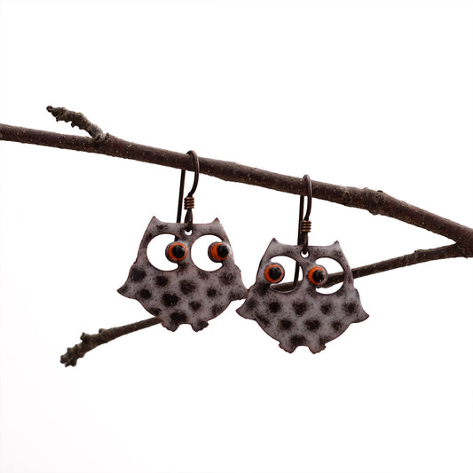 Enameled Copper Owl Earrings