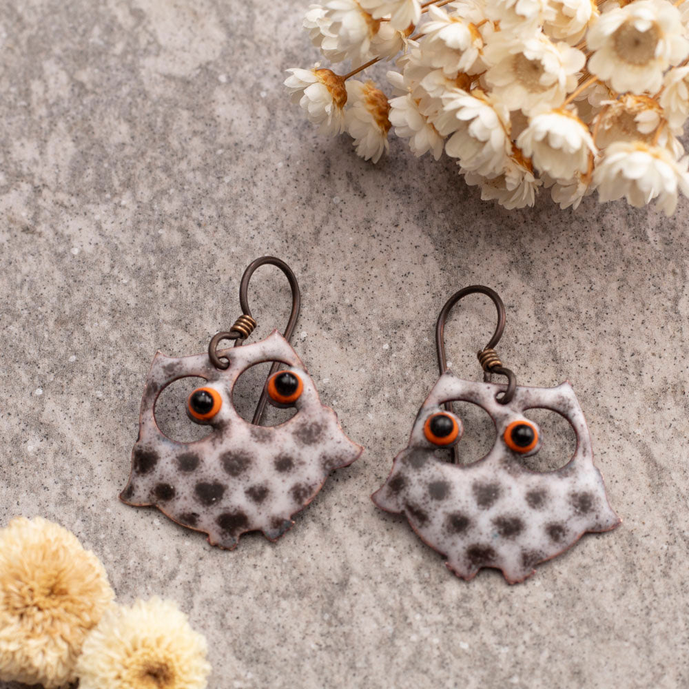 Enameled Copper Owl Earrings