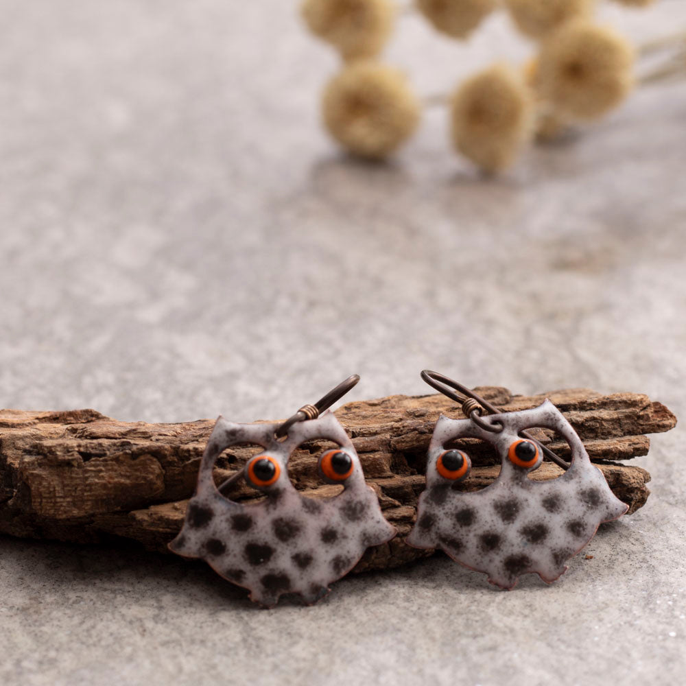 Enameled Copper Owl Earrings