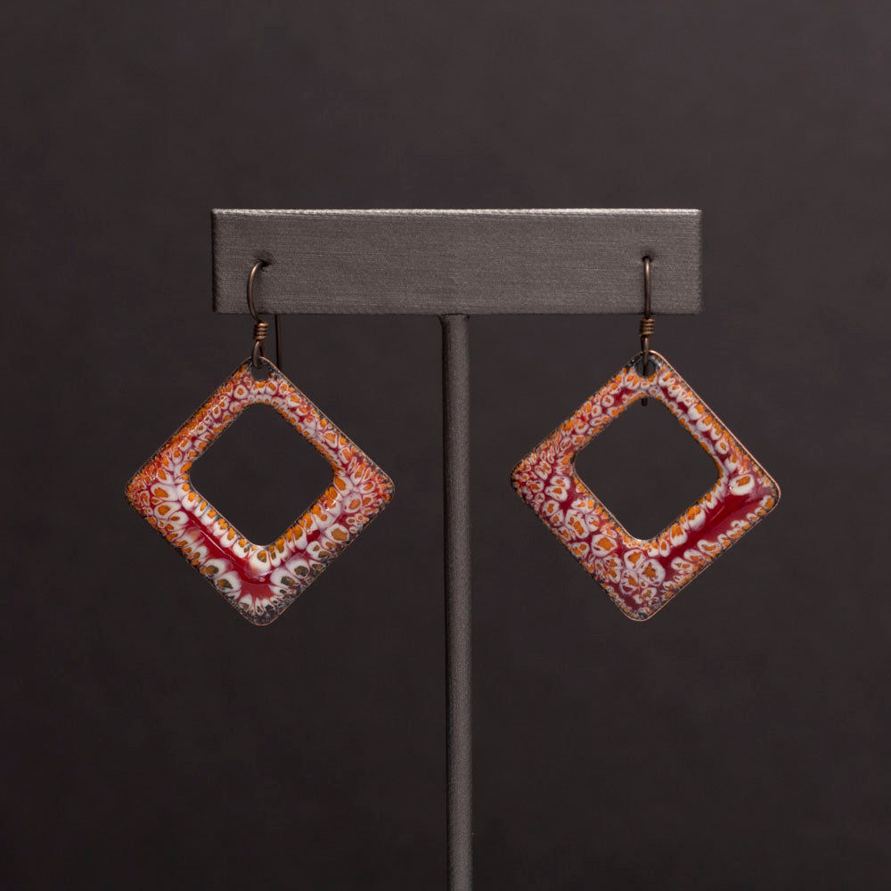 Square Orange & Red Enameled Copper Earrings