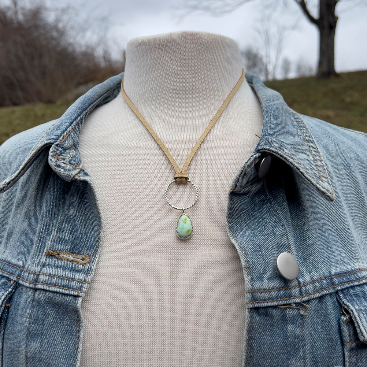 artisan silver variscite pendant long leather necklace