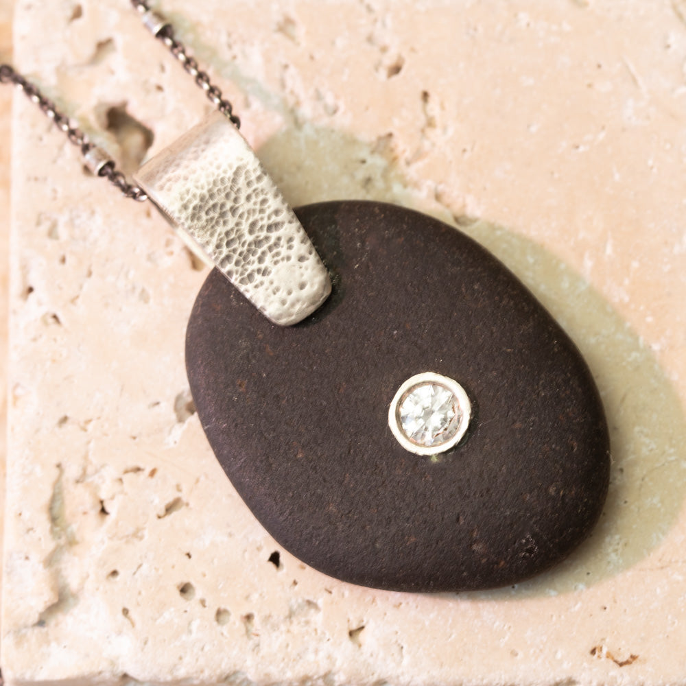 Beach Stone and Sterling Silver CZ Necklace