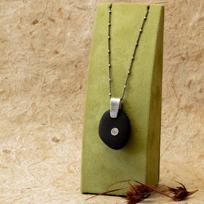 Beach Stone and Sterling Silver CZ Necklace
