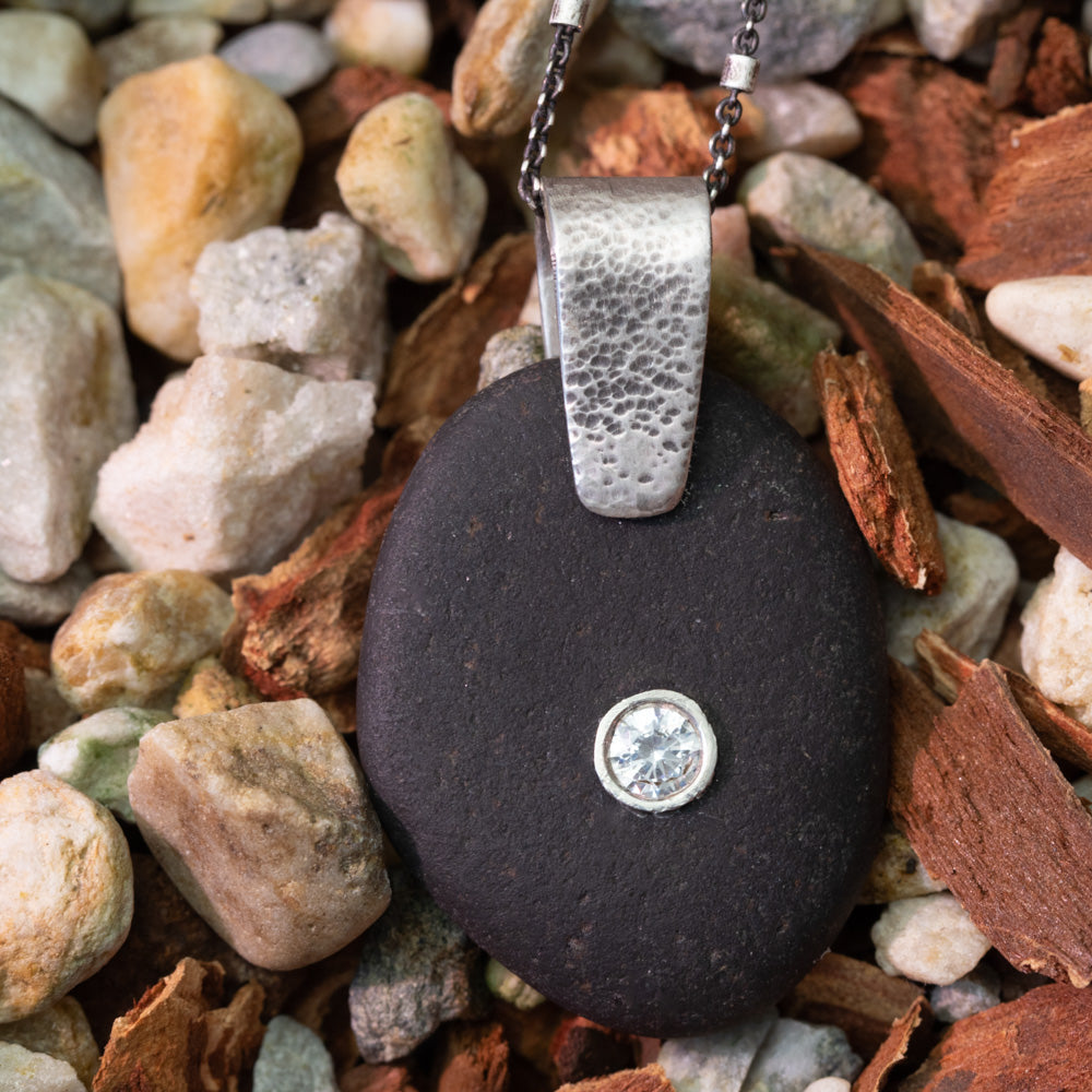 Beach Stone and Sterling Silver CZ Necklace
