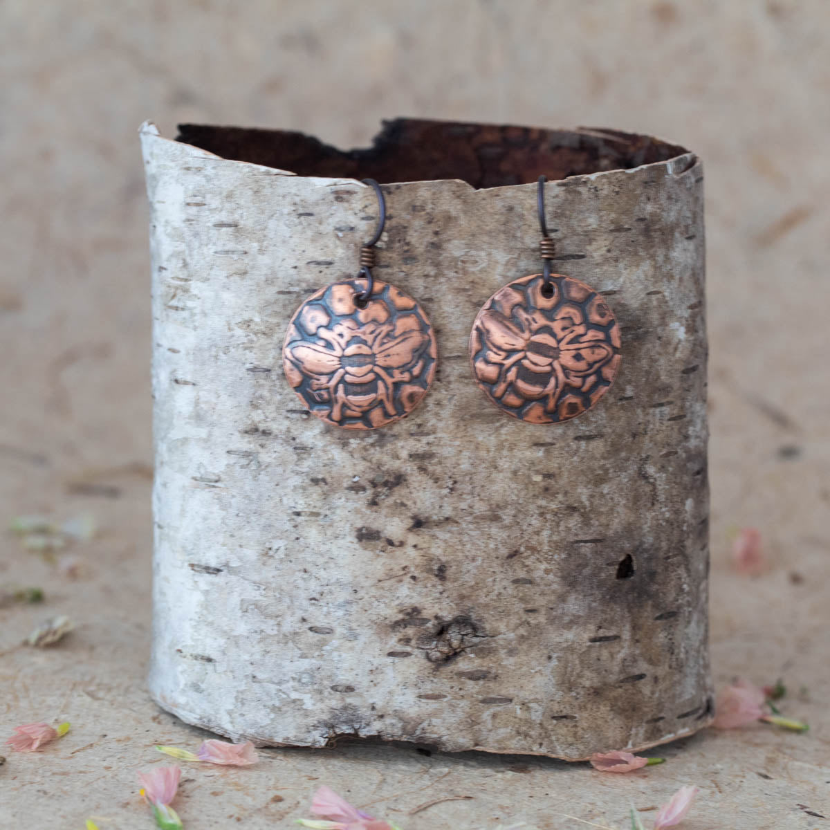 Bee & Honeycomb Earrings – Textured Copper