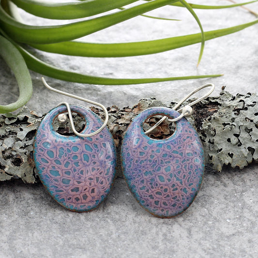 Handmade enamel teardrop dangle earrings in Blue and pink, lichen-inspired jewelry on copper with sterling silver ear wires