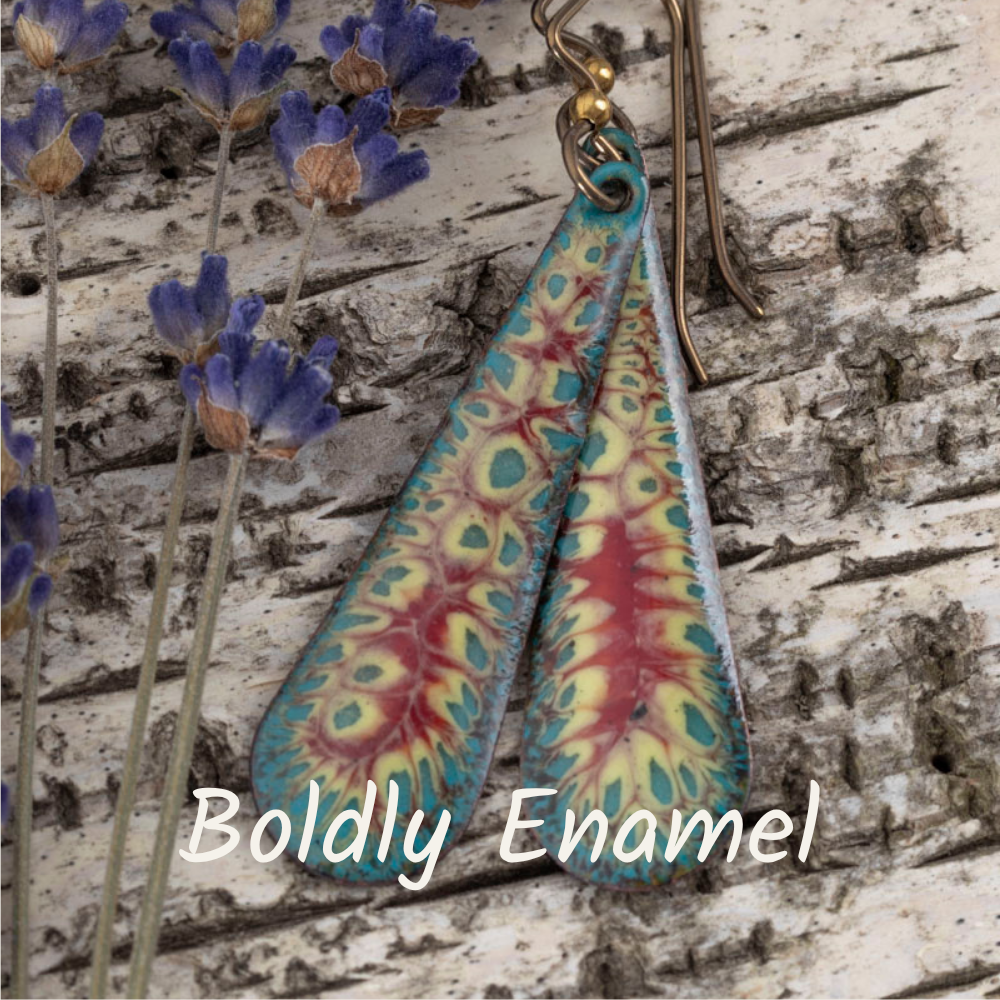 Colorful enamel teardrop earrings on a wooden surface with 'Boldly Enamel' branding.