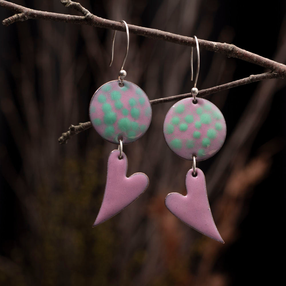 Handmade enamel heart dangle earrings in pink and mint green with sterling ear wires