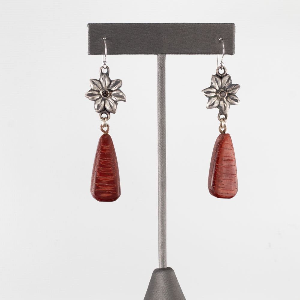 Bubinga wood and smoky quartz flower earrings with sterling silver accents and sterling silver ear wires, handmade in Vermont by Divella Designs.