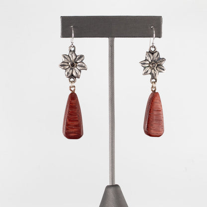Bubinga wood and smoky quartz flower earrings with sterling silver accents and sterling silver ear wires, handmade in Vermont by Divella Designs.