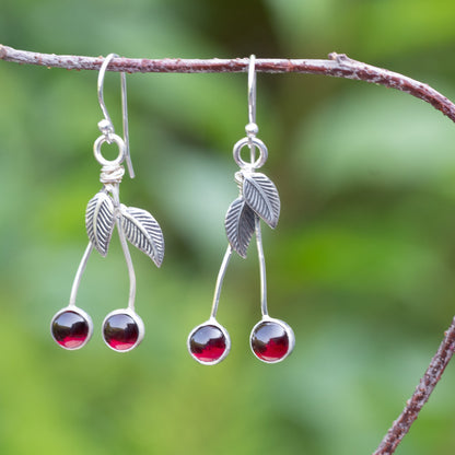 Sterling silver cherry drop earrings with deep red garnet stones and textured leaves hanging from a branch against a green background.