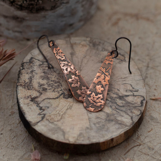 Handmade copper teardrop earrings with maple leaf impression, nature-inspired Vermont jewelry by Divella Designs
