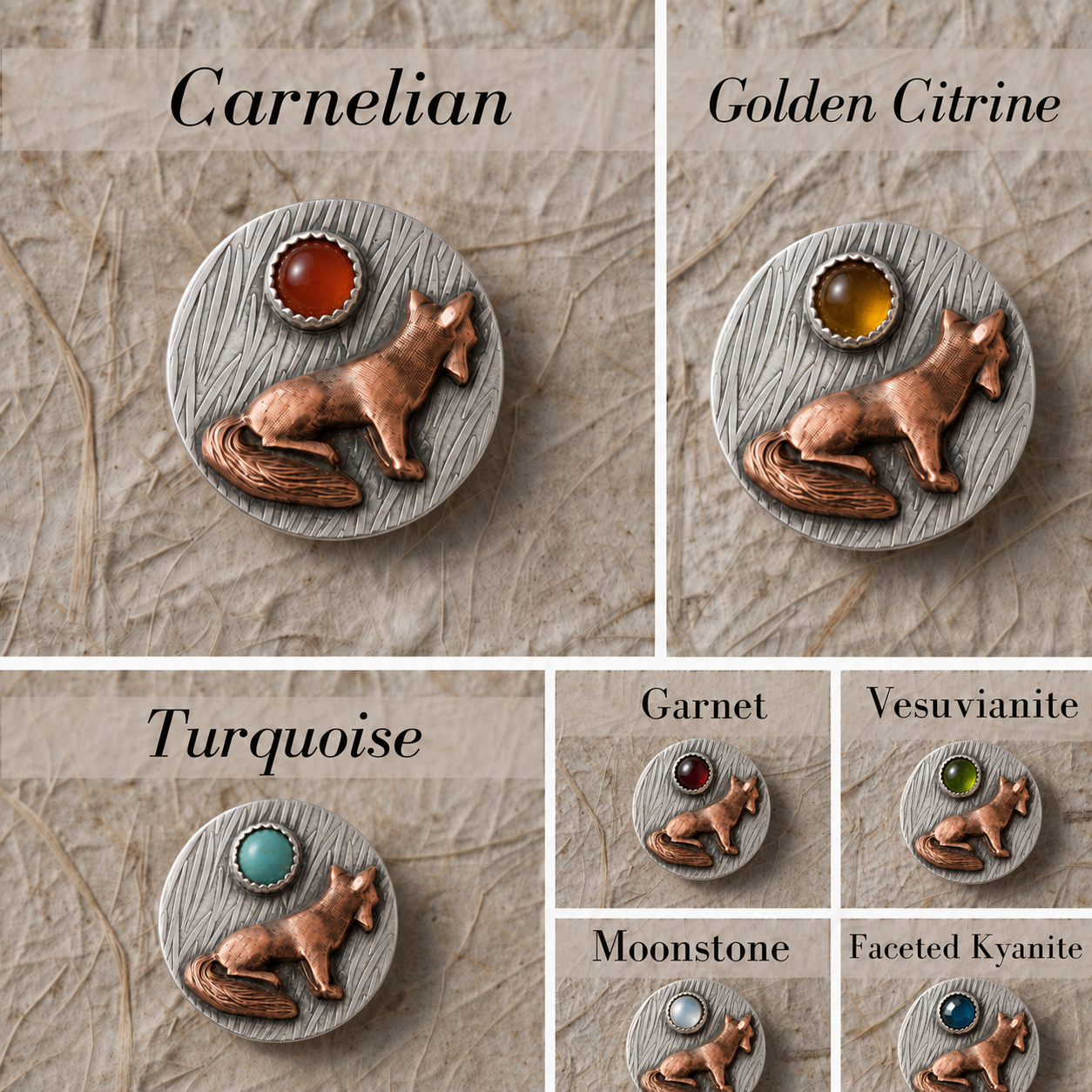 Copper fox and sterling silver pendant shown with seven gemstone choices