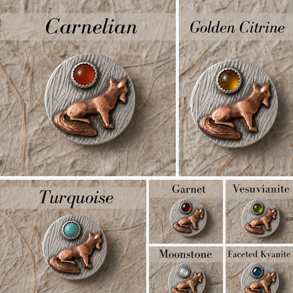 Copper fox and sterling silver pendant shown with seven gemstone choices