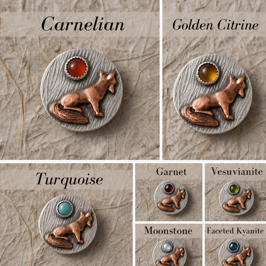 Copper fox and sterling silver pendant shown with seven gemstone choices