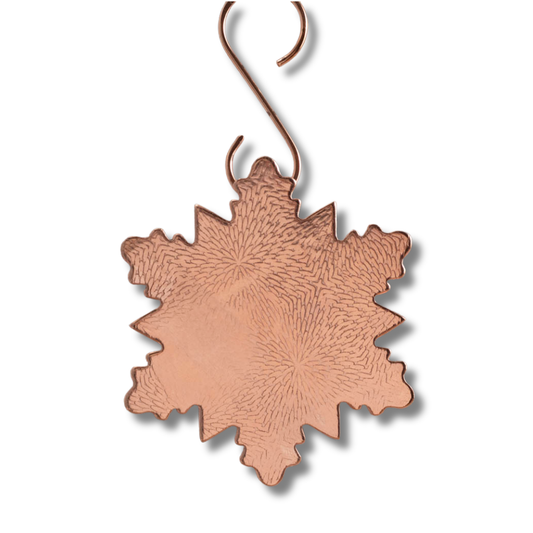 Copper snowflake ornament with hand-textured pattern, marked as a second due to minor flaw, 3x3 inches (5-inch with hook), handmade in Vermont