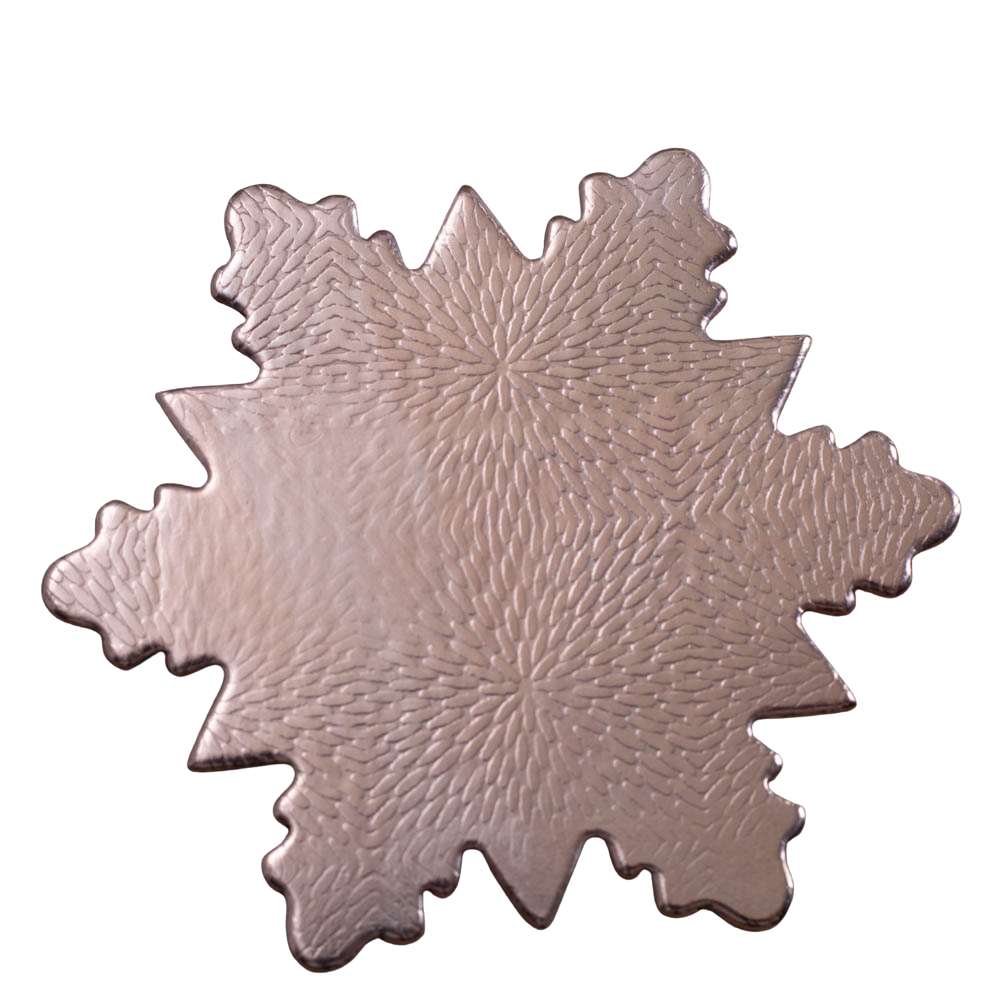 Copper snowflake ornament with hand-textured pattern, marked as a second due to minor flaw, 3x3 inches (5-inch with hook), handmade in Vermont