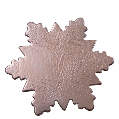 Copper snowflake ornament with hand-textured pattern, marked as a second due to minor flaw, 3x3 inches (5-inch with hook), handmade in Vermont