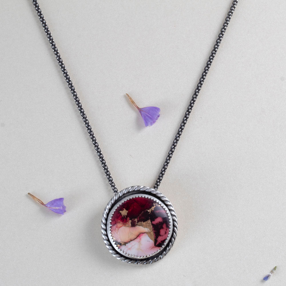 Dahlia stone sterling silver necklace with berry and blush floral-patterned stone, approximately 1 inch pendant, and 18 inch chain by Divella Designs.