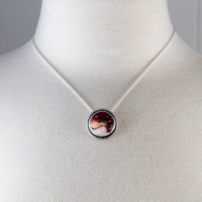 Dahlia stone sterling silver necklace with berry and blush floral-patterned stone, approximately 1 inch pendant, and 18 inch chain by Divella Designs.