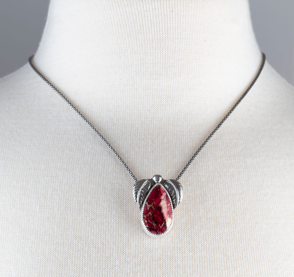Dahlia stone sterling silver necklace with berry and blush floral-patterned stone, handmade silver setting, and sterling silver chain by Divella Designs.