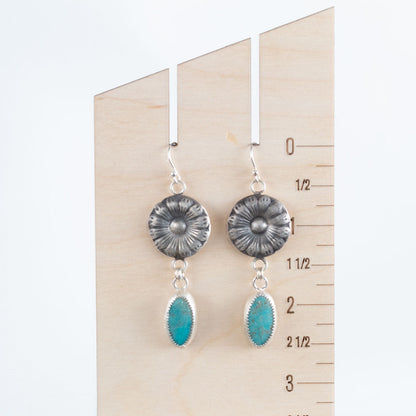 Handmade Kingman turquoise dangle earrings, fine silver bezel, sterling silver ear wires, artisan made in Vermont.